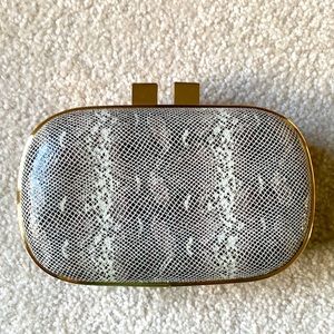 New Gorjana leather animal print minaudiere box clutch with gold hardware
